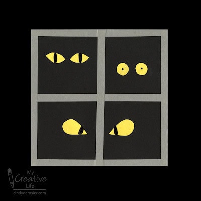 four squares in the shape of a window with spooky yellow eyes in them