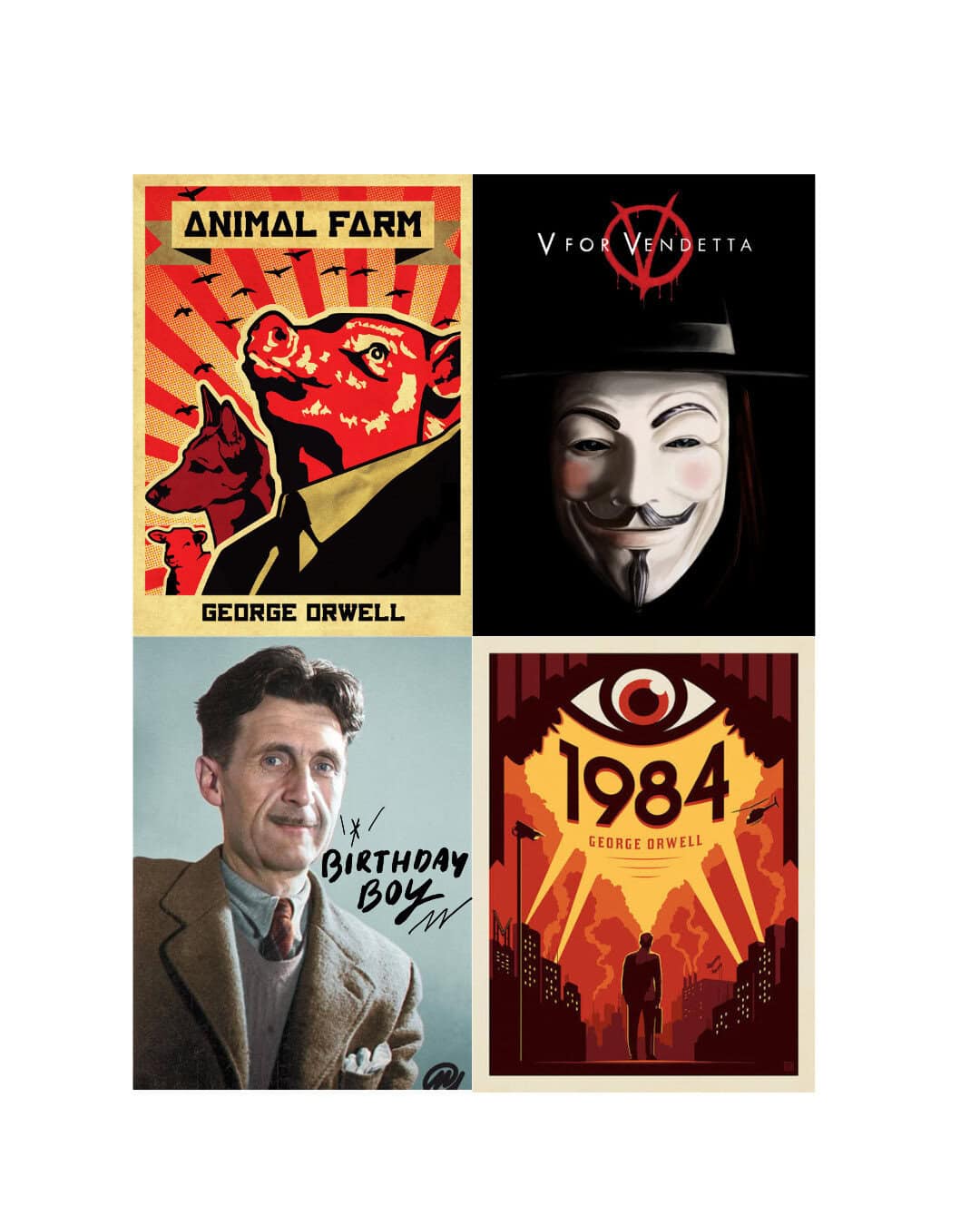 image: grid of four squares that include book covers of 1984 and Animal Farm, one movie poster of V for Vendetta, and a color photo of George Orwell